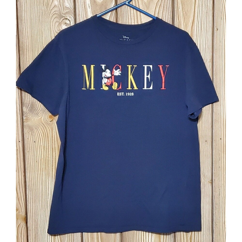 Disney Mickey Mouse T-Shirt Women's Large Navy Blue Spell Out Colorful Cotton